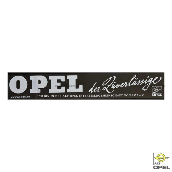 Shop der ALT-Opel IG | Heckscheibenaufkleber mit Aufdruck „Opel der Zuverlässige“ weiße Schrift auf transparentem Hintergrund | shop.alt-opel.eu