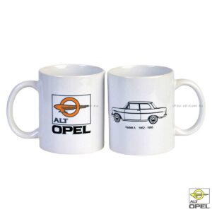Shop der ALT-Opel IG | Becher mit zwei Aufdrucken: 1. Logo, 2. Opel Kadett A | shop.alt-opel.eu
