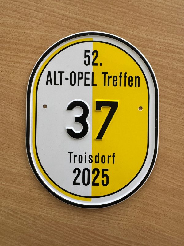 Startnummernschild 52. ALT-OPEL Treffen mit Treffen-Aufkleber